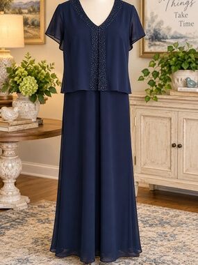 Positive Attitude Navy Beaded Long Formal Dress 12P